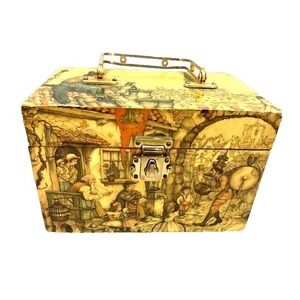 Vintage Anton Pieck Decoupage Wooden Box /Purse w/Gold Metal Handle 8in